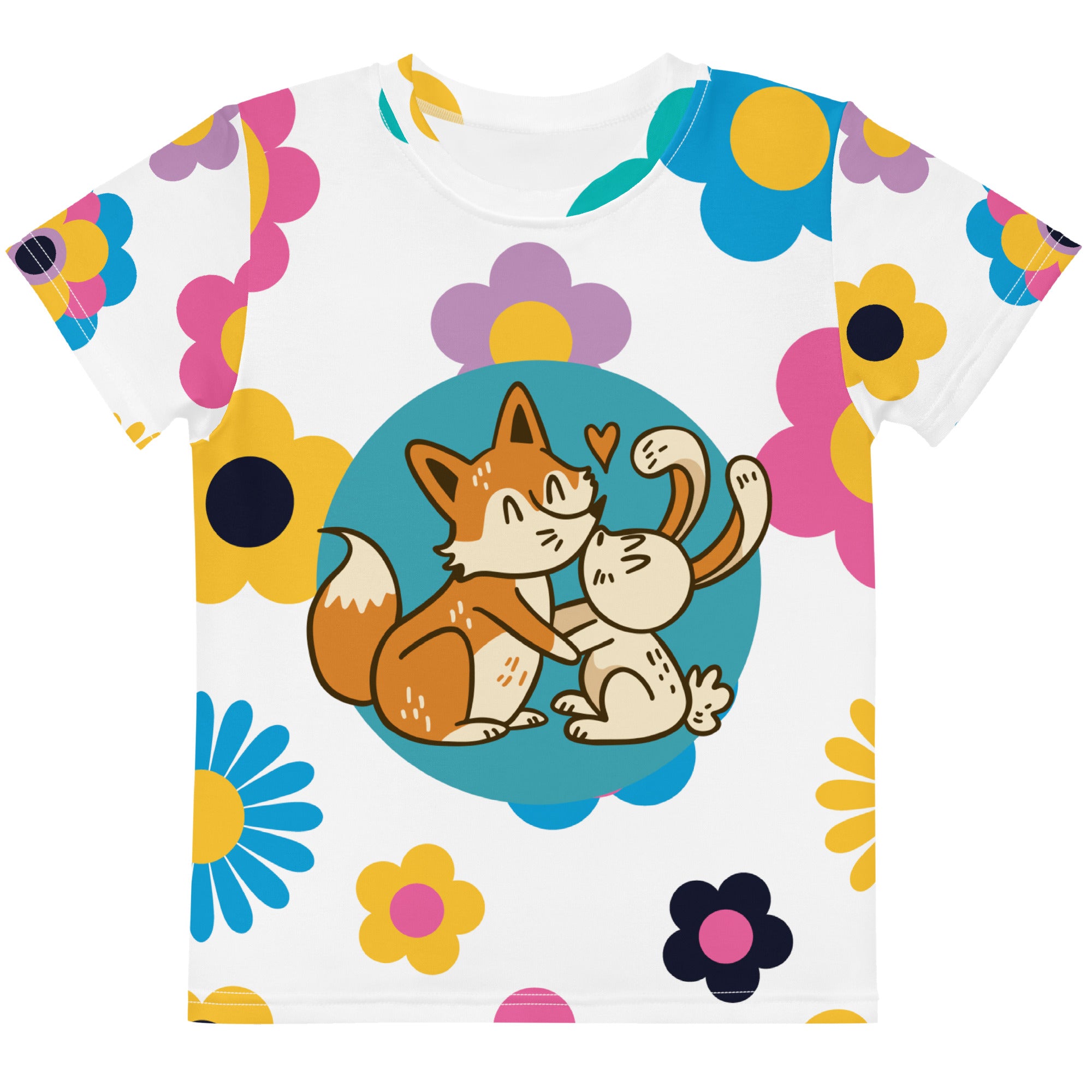 Fox & Cat Best Friends Kids Tee — Retro Floral All-Over Print