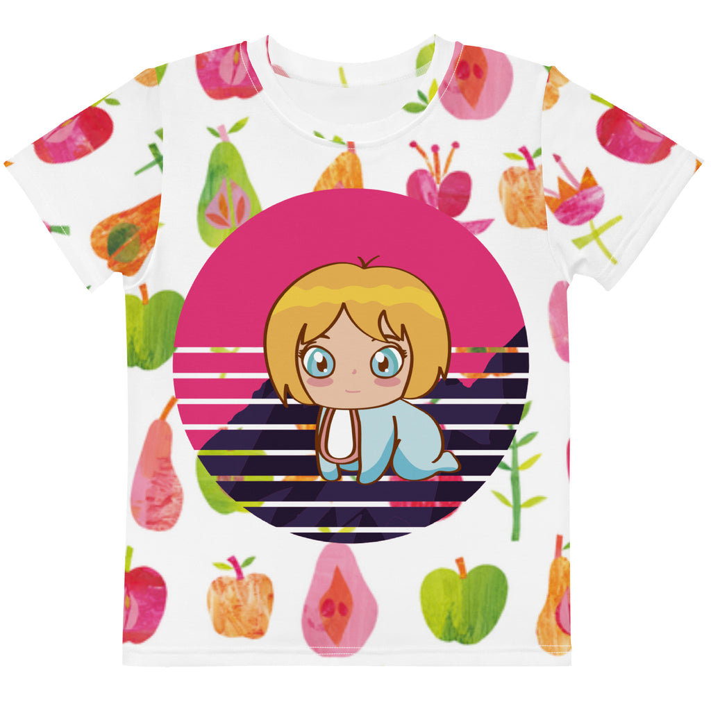 Chibi Girl Fruit Garden Kids Tee — Watercolour Fruit All-Over Print