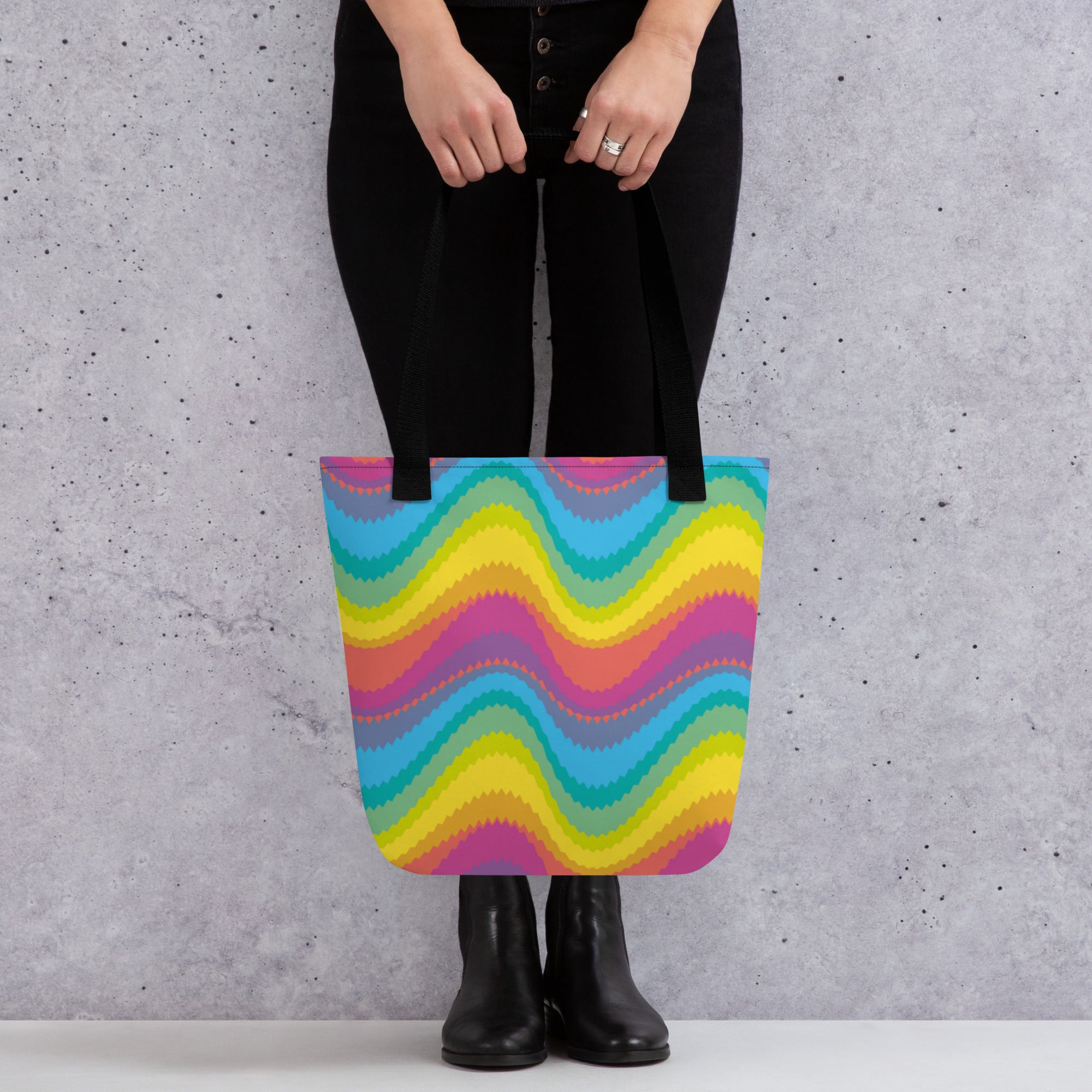 Tote Bag — Rainbow Waves Print (Black Handles)