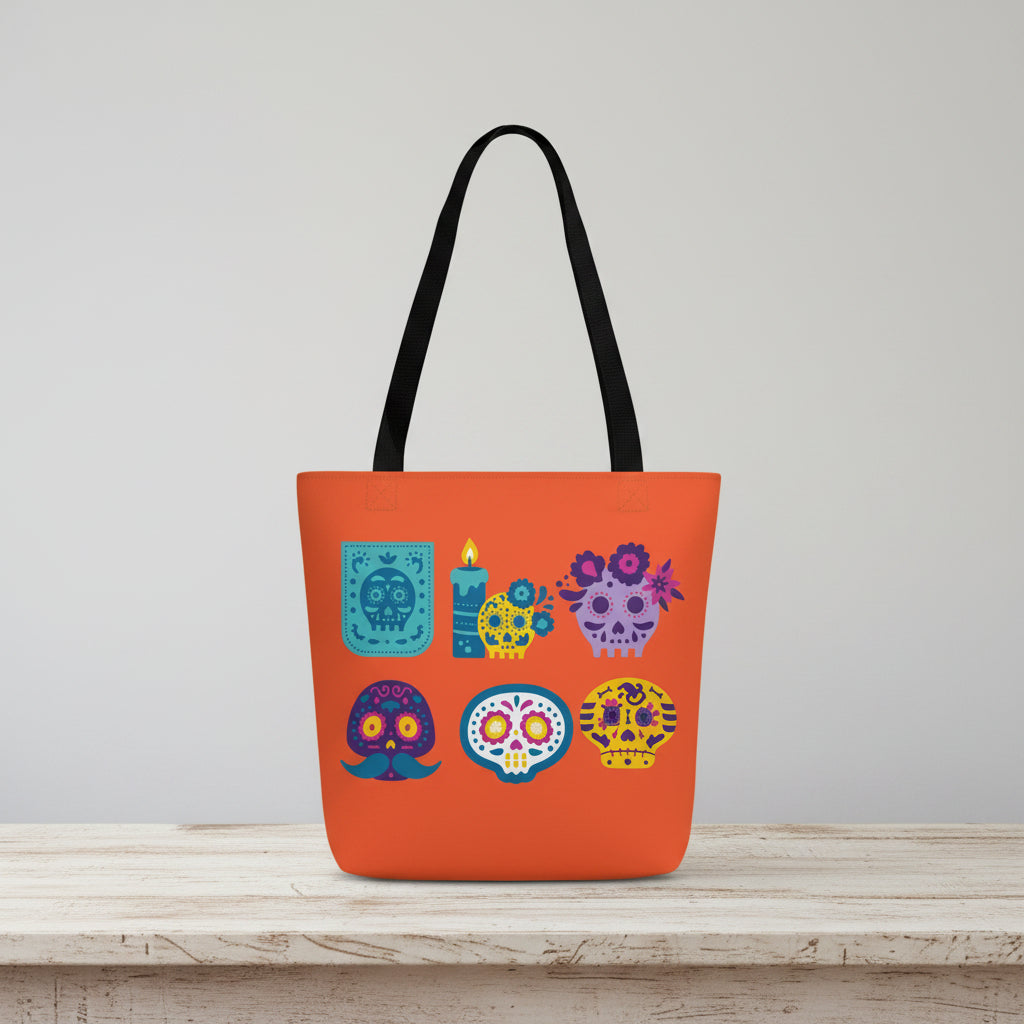 Tote Bag — Sugar Skull Día Print (Orange, Black Handles)