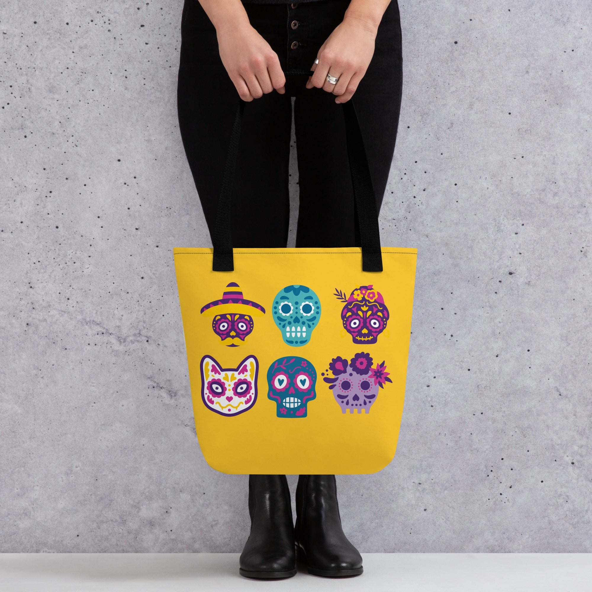 Tote Bag — Sugar Skull Crew Print (Yellow, Black Handles)