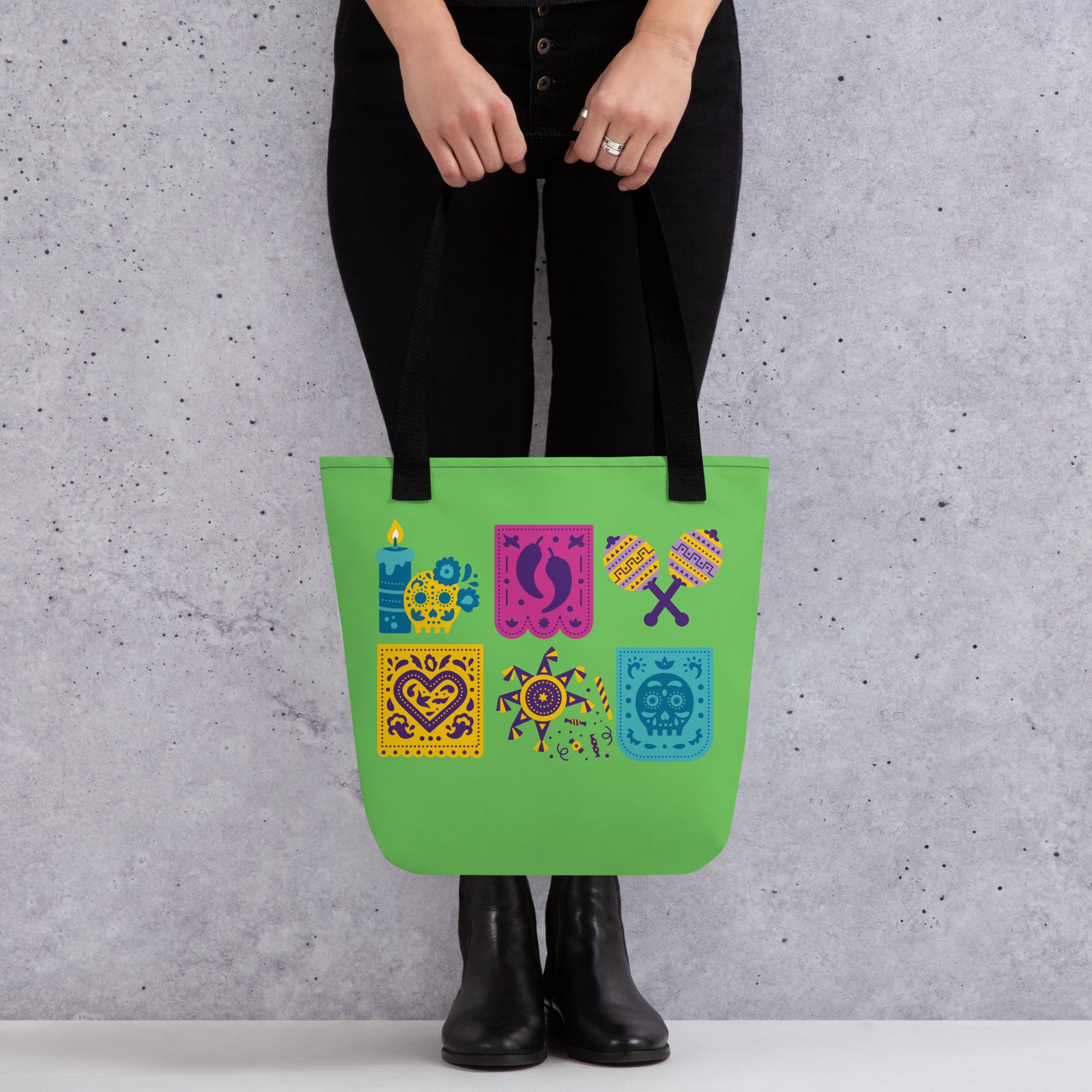 Tote Bag — Folk Art Fiesta Print (Green, Black Handles)