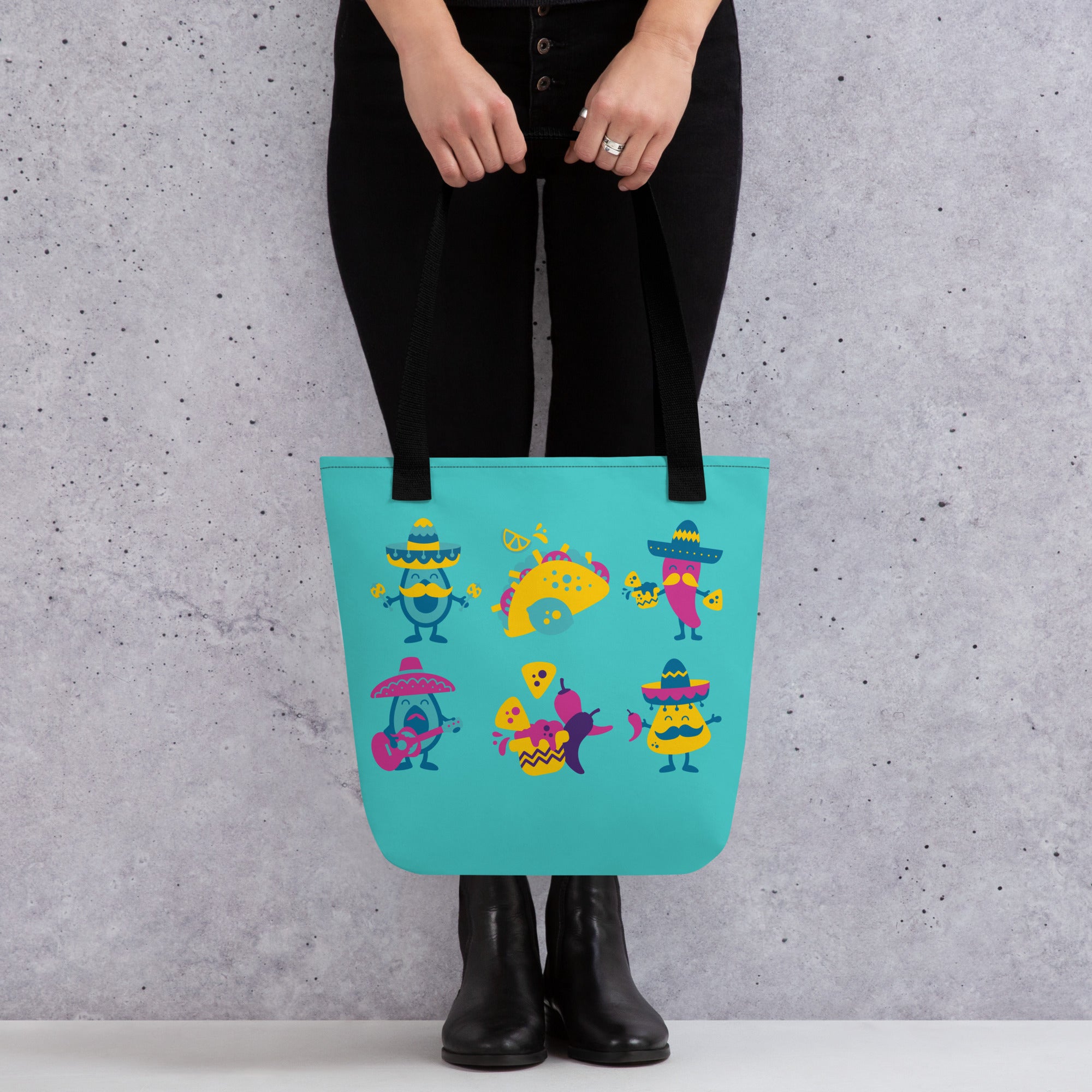 Tote Bag — Monster Party Print (Teal, Black Handles)