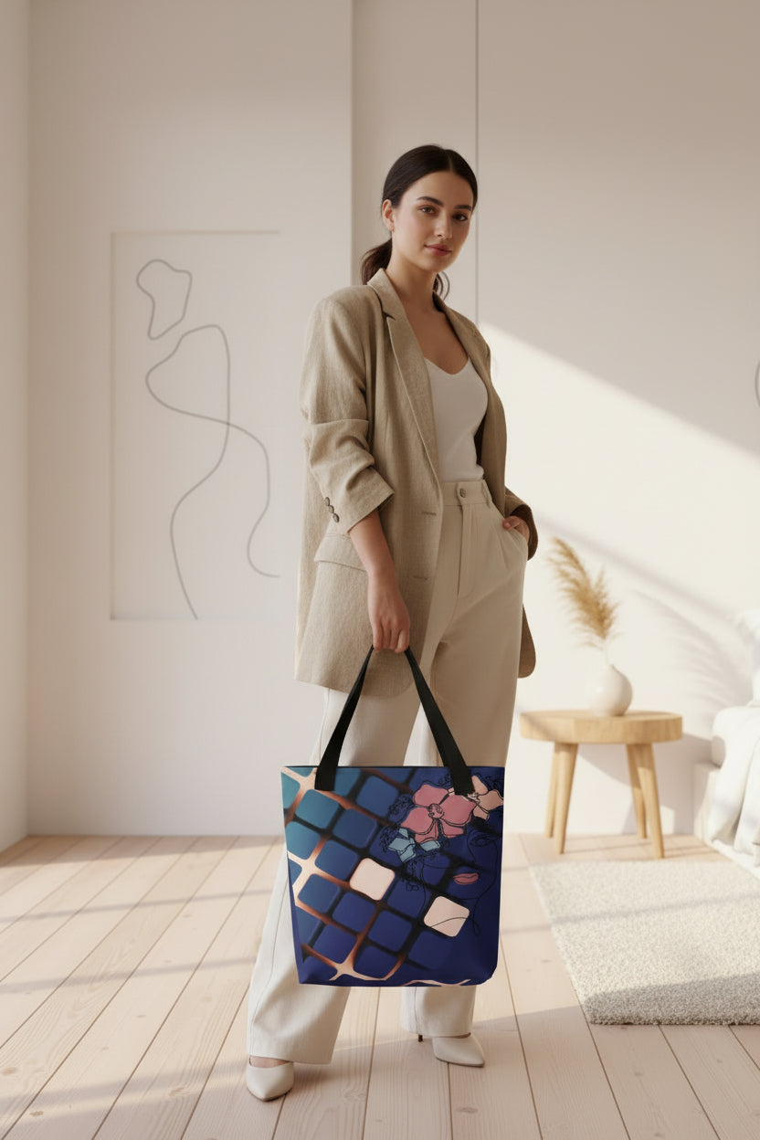 Navy Blue Floral Face Art Tote Bag